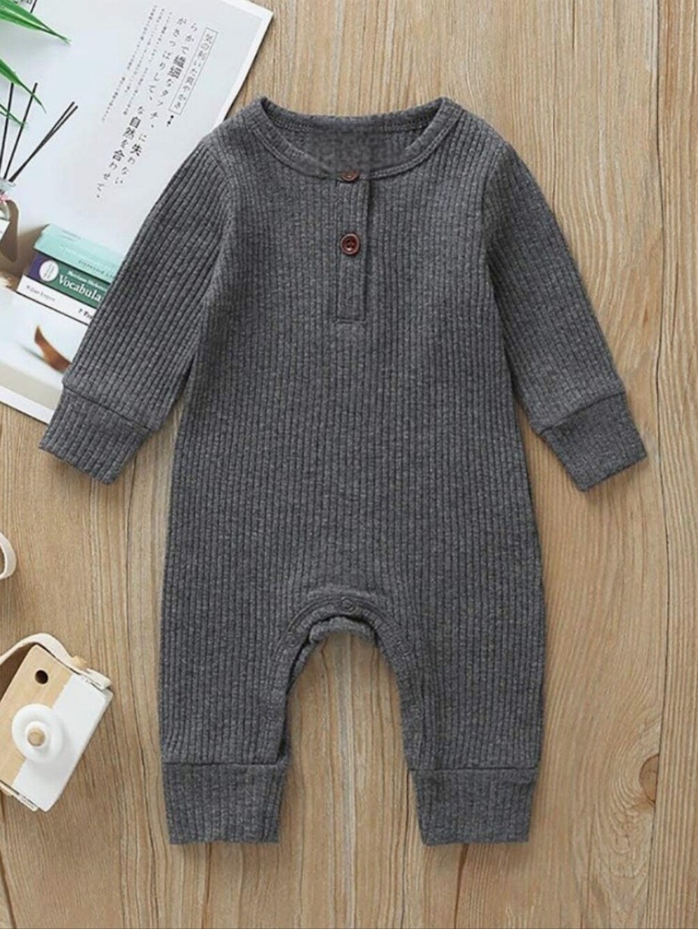 Baby Boy Girl Ribbed Long Sleeve Front Button Gray Jumpsuit Cotton Onepiece 0-3M